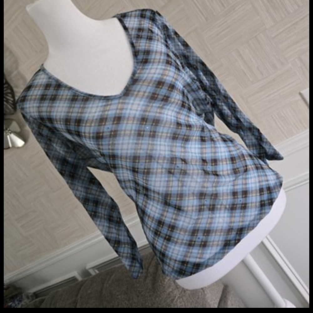 Vintage The Limited Blue Plaid Rhinestone Blouse Y2K Large​